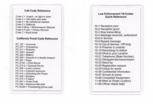 Radio 10, Call, Penal Code / Codes Reference Card / Sheriff / Police / Marshal