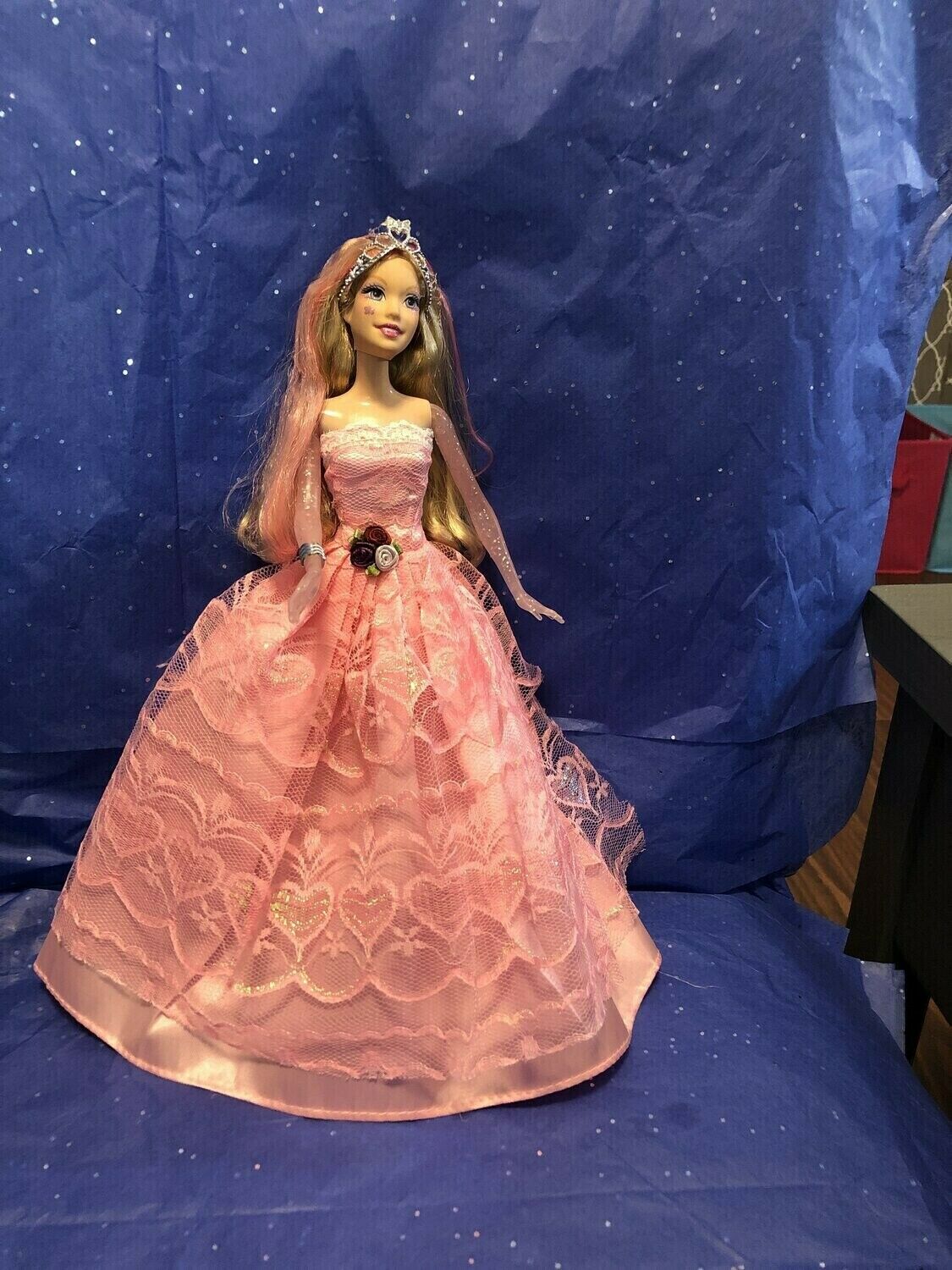 Barbie With Pink Satin And Embroidered Over Skirt And Lace With Sparkles. Light