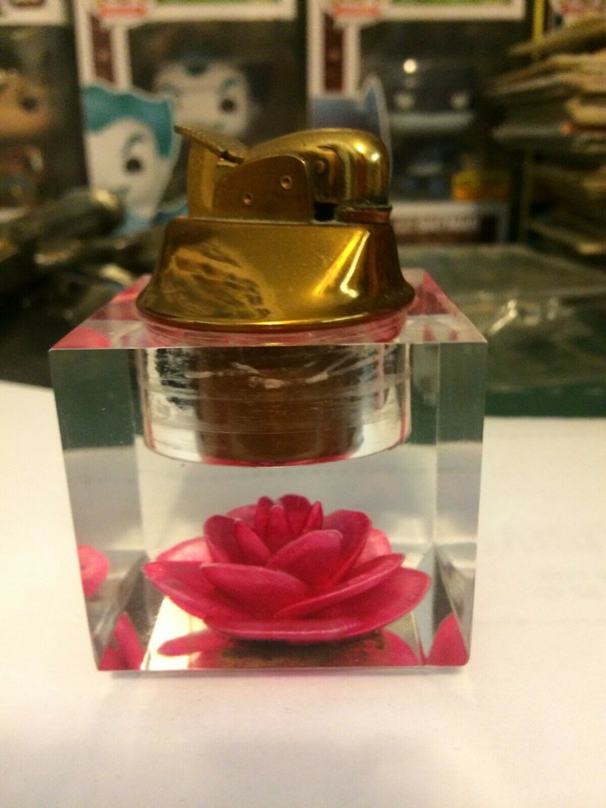 Vintage Acrylic Table Lighter Rose Inside