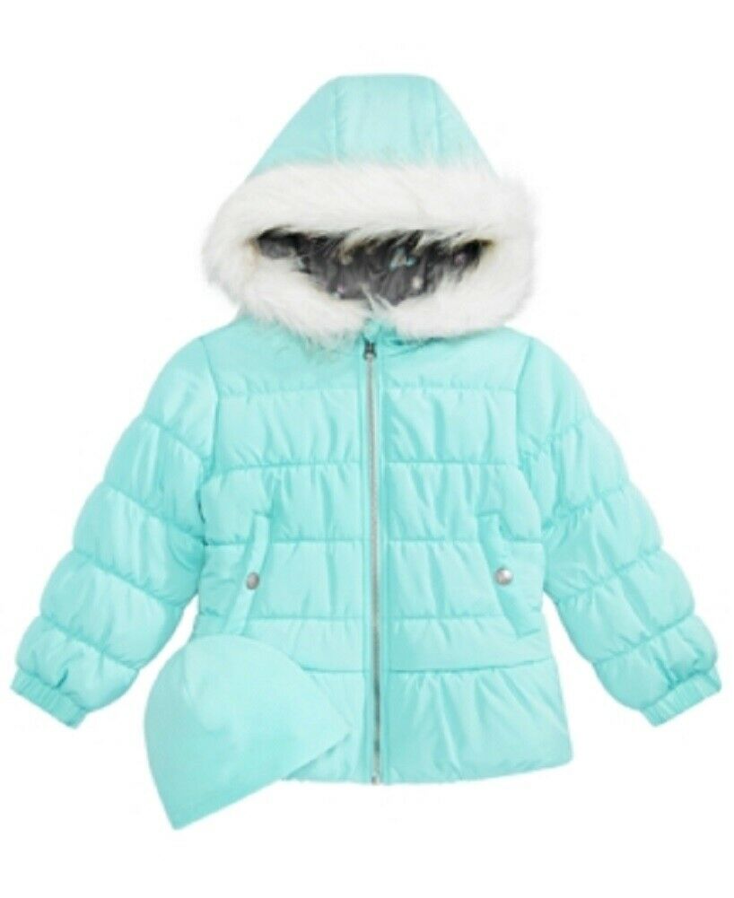 Weathertamer Little Girls Quilted Puffer Jacket & Matching Hat, Aqua, Size 4