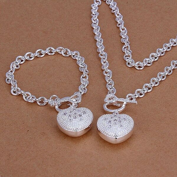 Women Lovely 925 Silver Women Chamrs New Bracelet Necklace Jewelry Set S25