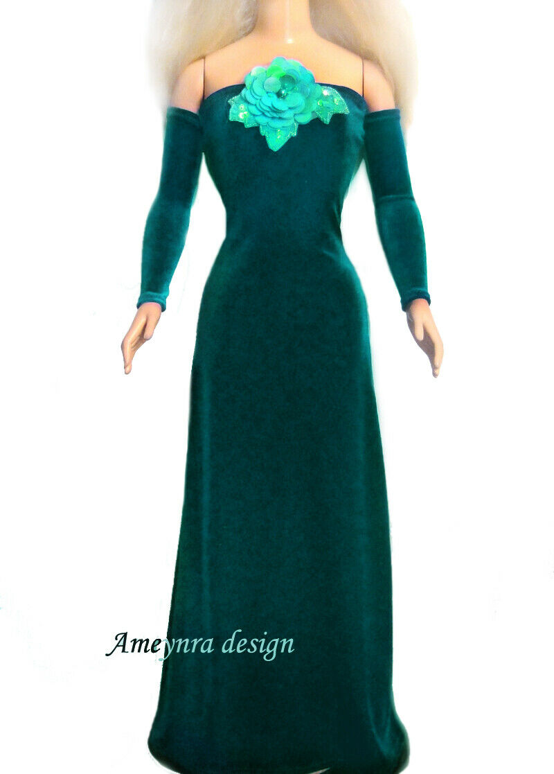 Dark-emerald Velvet Dress For My Size Barbie Doll. New, Long, With Sequin Flower