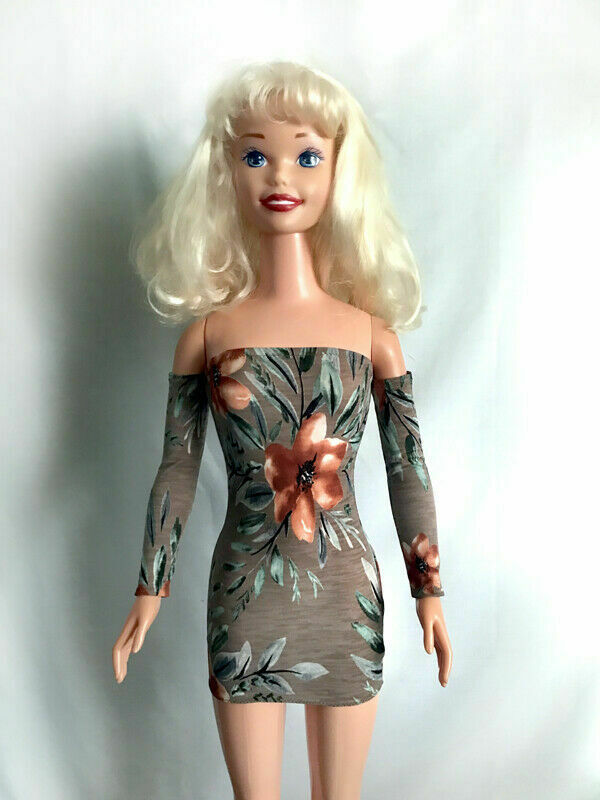 Brown Mini Dress With Flowers, For My Size Barbie Doll 36". Bodycon. New, Nice