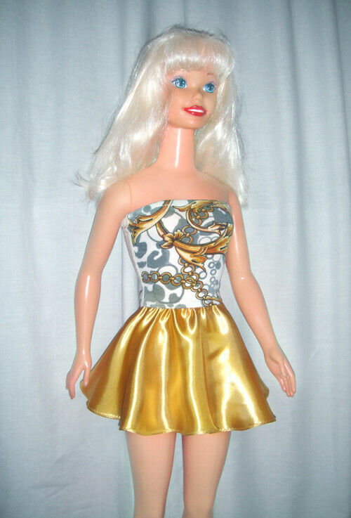 White-gray-ochre Top, Gold-yellow Color Satin Skirt For My Size Barbie Doll. New