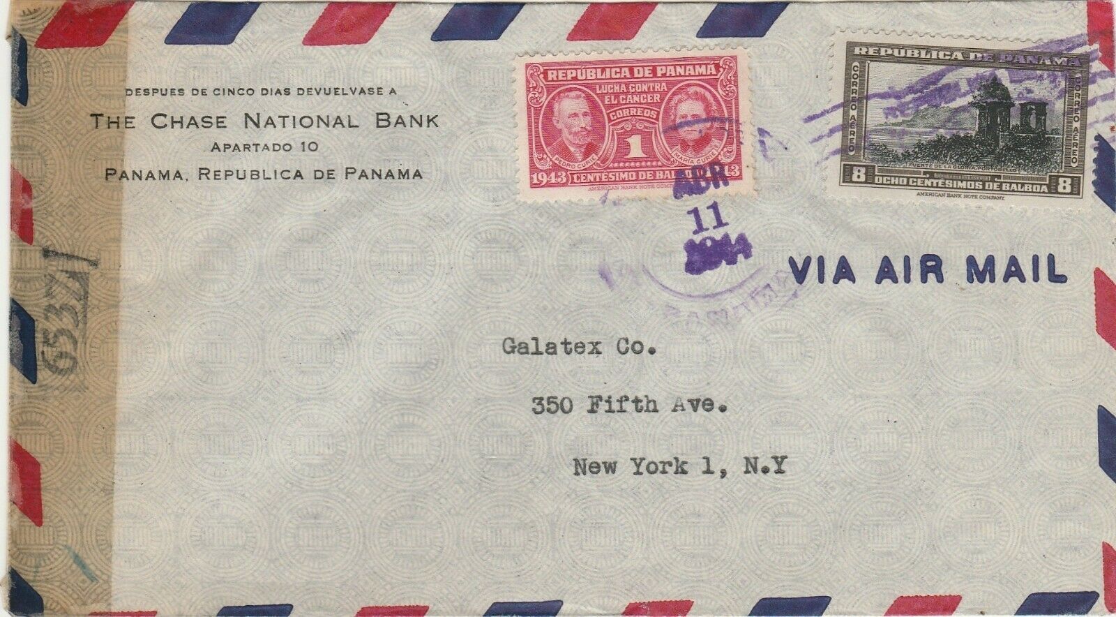 Panama  Ww2 Censored Air Mail Cover  1944 To  New York