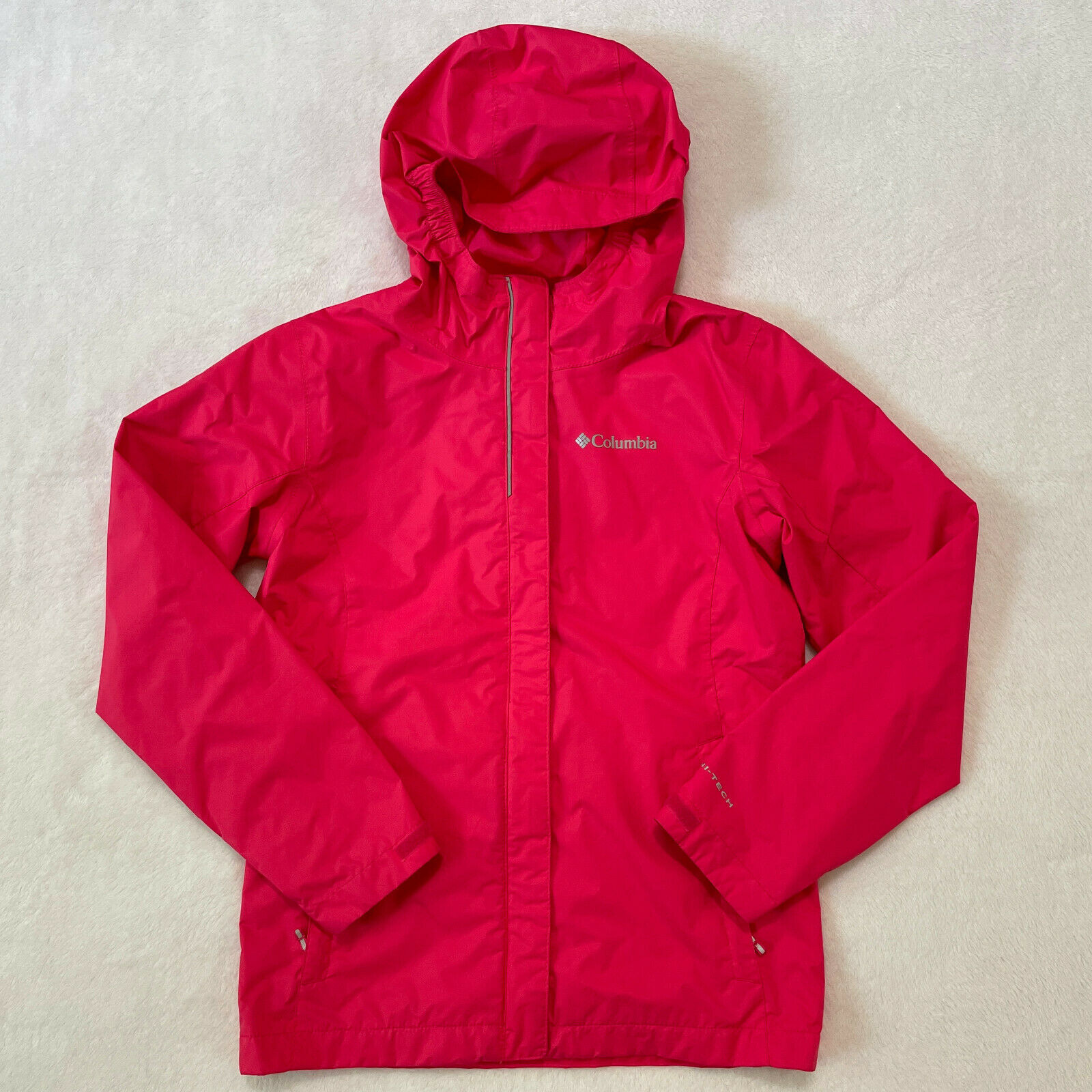 Columbia Rain Jacket Windbreaker Hooded Girls Size M 10/12 Pink Reflective