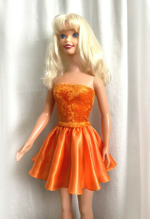 Orange Velvet Top & Satin Mini Skirt, For My Size Barbie Doll. New