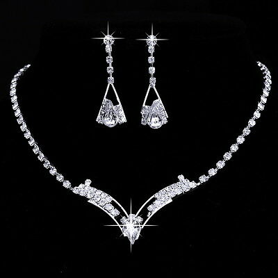 Women Party Prom Silver Crystal Necklace Earrings Wedding Bridal Jewelry Set