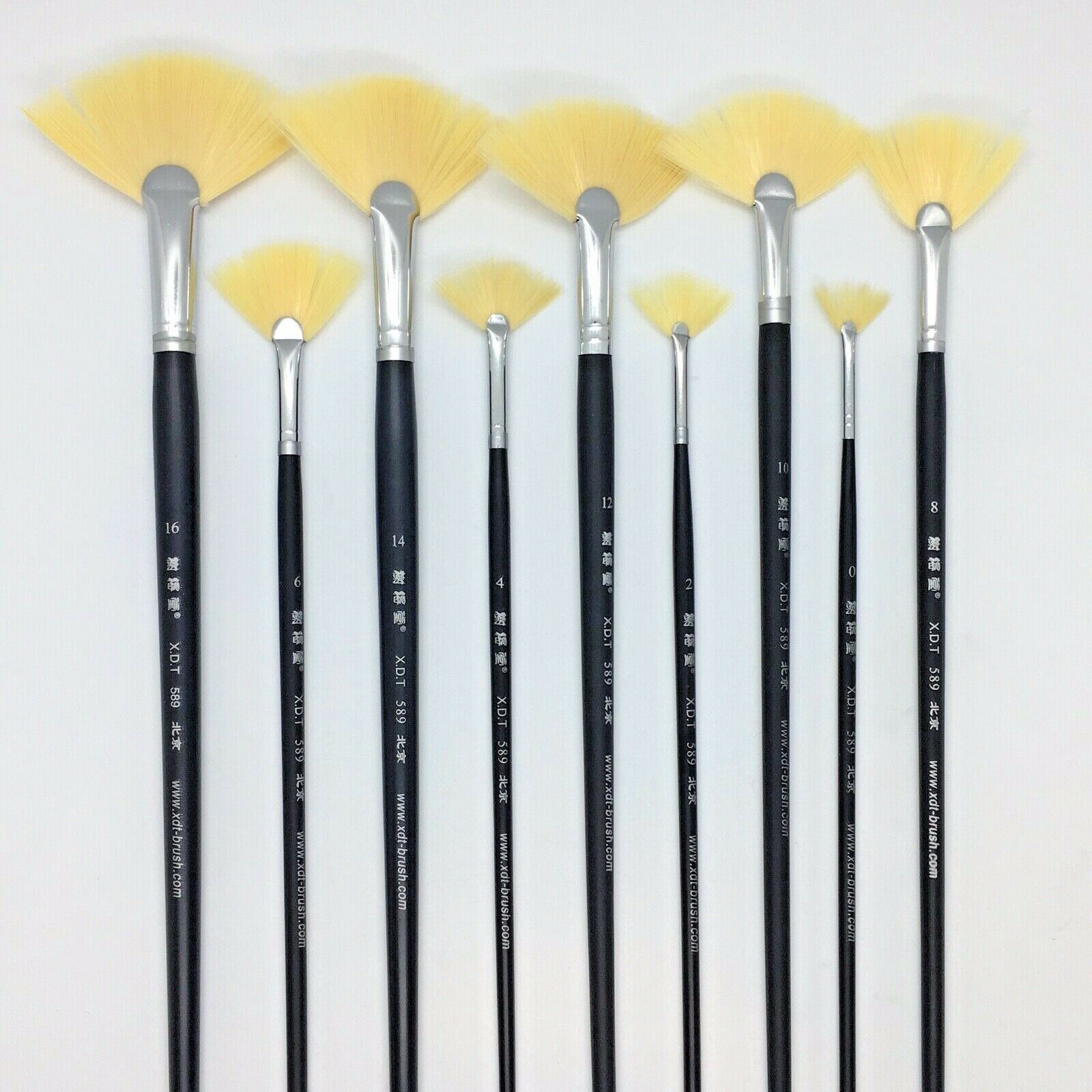 Xdt#589 Fan Artist Paint Brush Art Panting Brushes 9pc Set Soft Nylon Watercolor