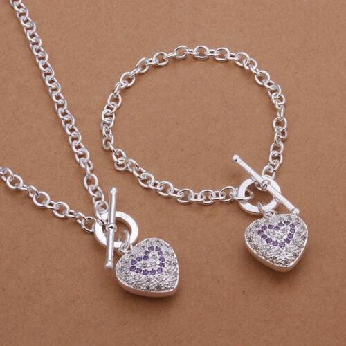 925 Silver Fashion Beautiful Pretty Heart Necklace Bracelet Jewelry Set Wedding
