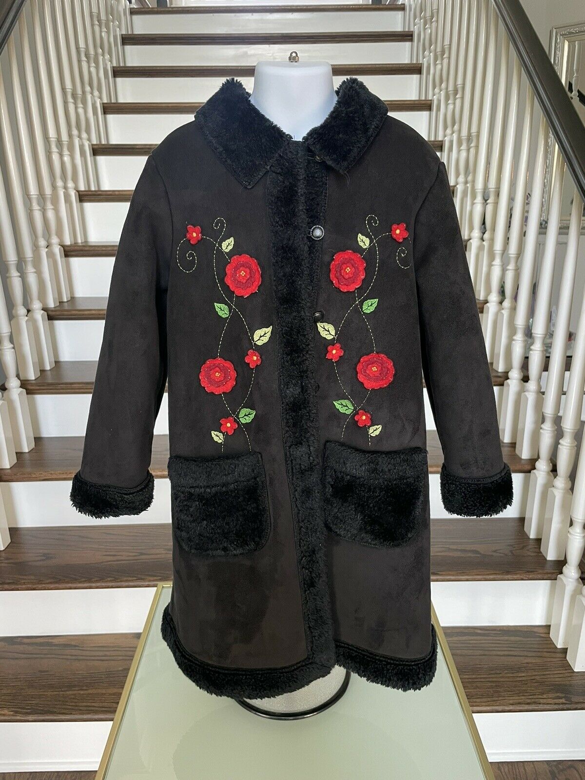 The Childrens Place Girls Coat Black Suede And Faux Fur With Embroidery Size 7/8