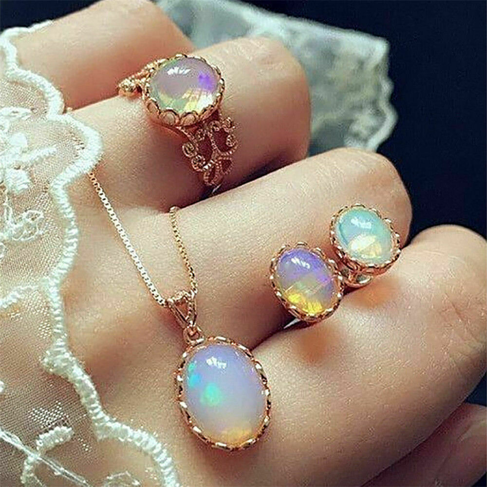 Women's Chain Jewelry Set Moonstone Ring+earrings+necklace Stainless Steel Gifts