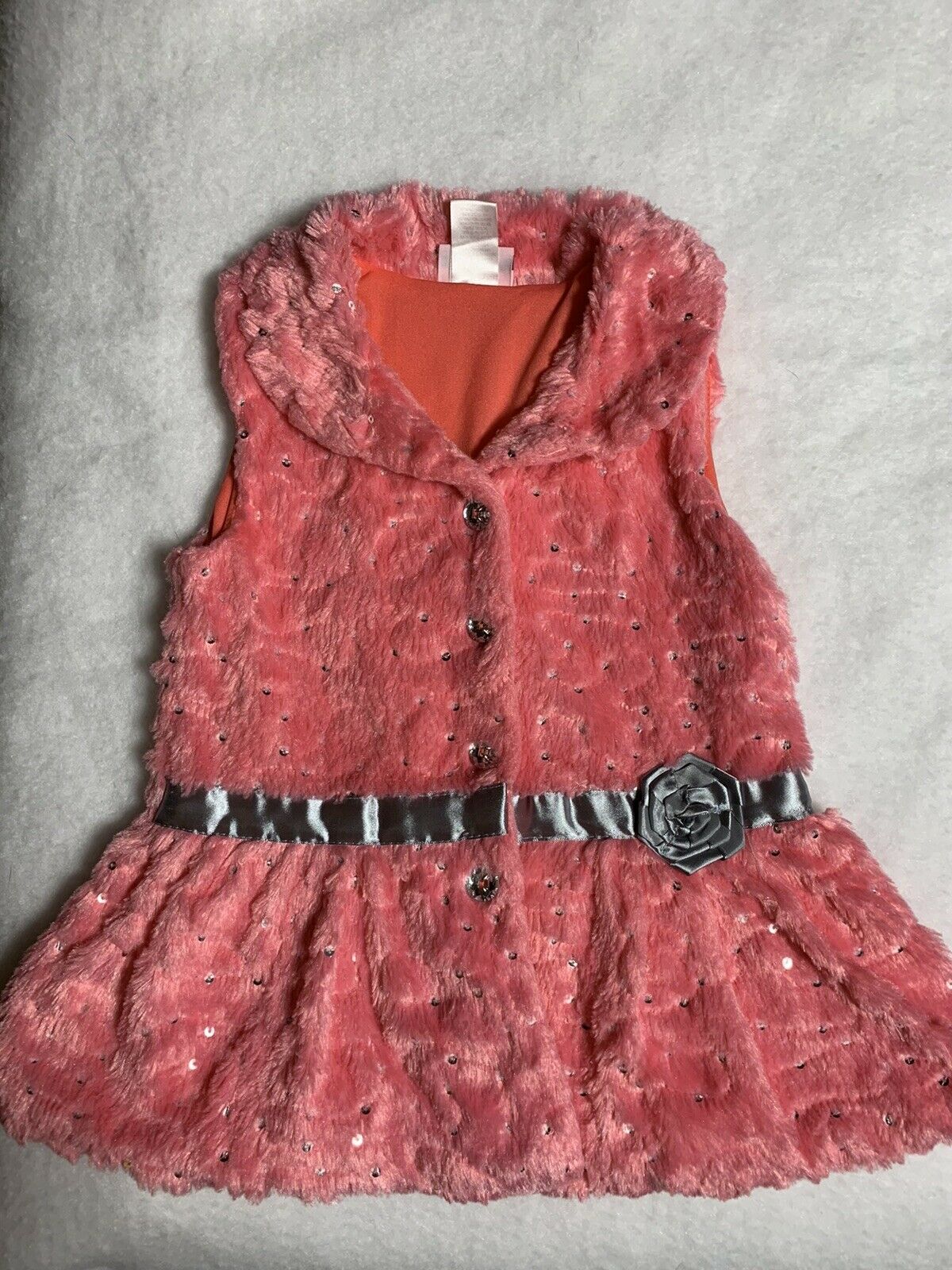 Little Lass Girls Coral Rhinestone Gray Trim Dressy Plush Winter Vest Size 6x