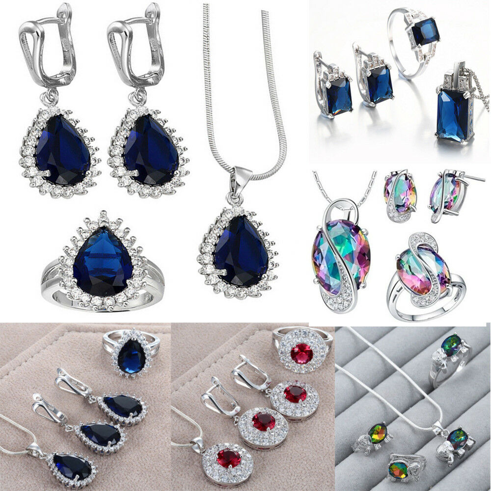 925 Silver Jewelry Set Crystal Earring Ring Necklace Pendant Statement Wedding