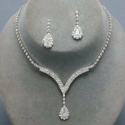 White Necklace Earrings Crystal Tennis Silver Wedding Women Jewelry Set