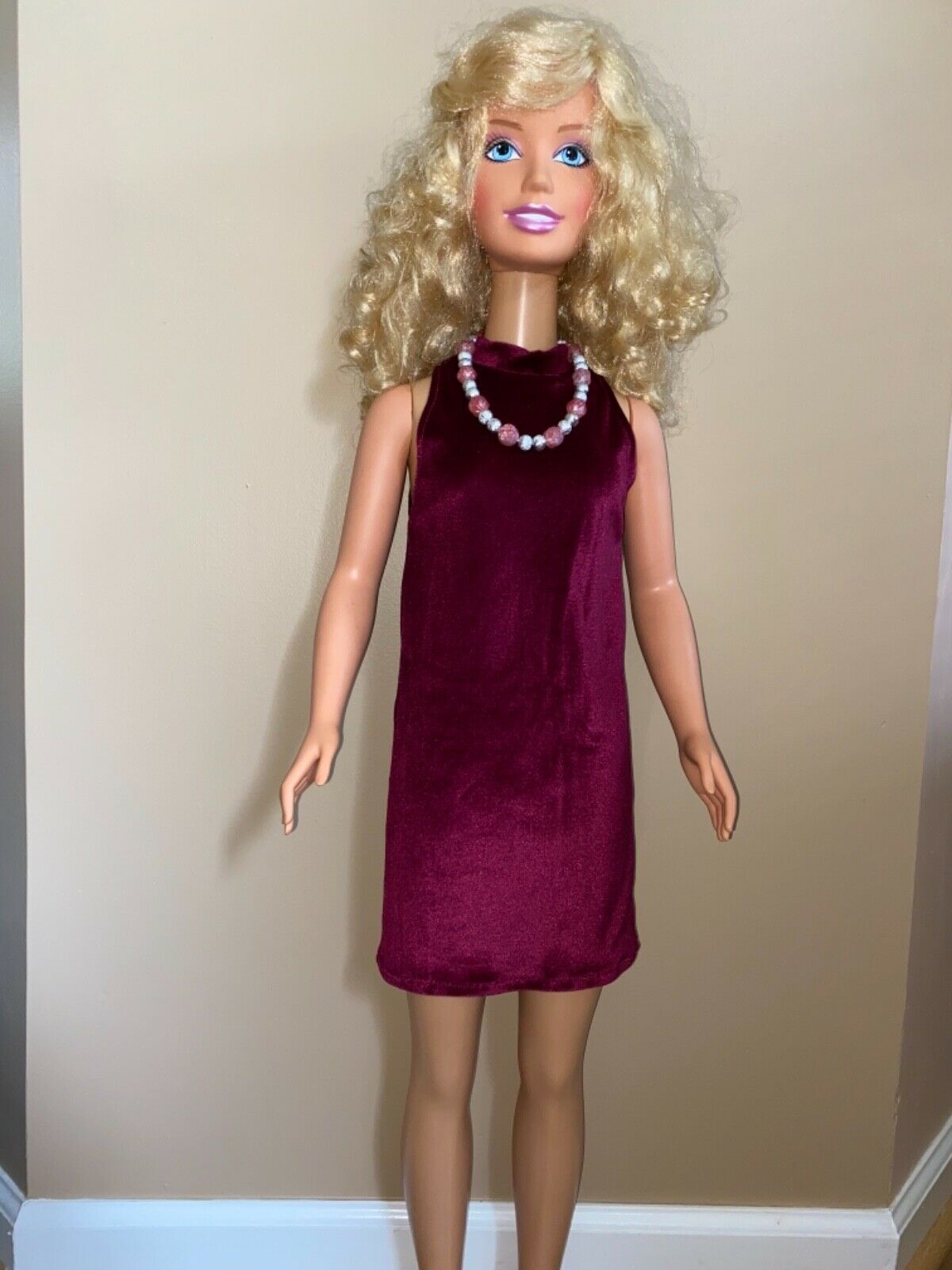 My Size Barbie Clothes -36 Inch- Burgundy Soft Velour Dress & Necklace