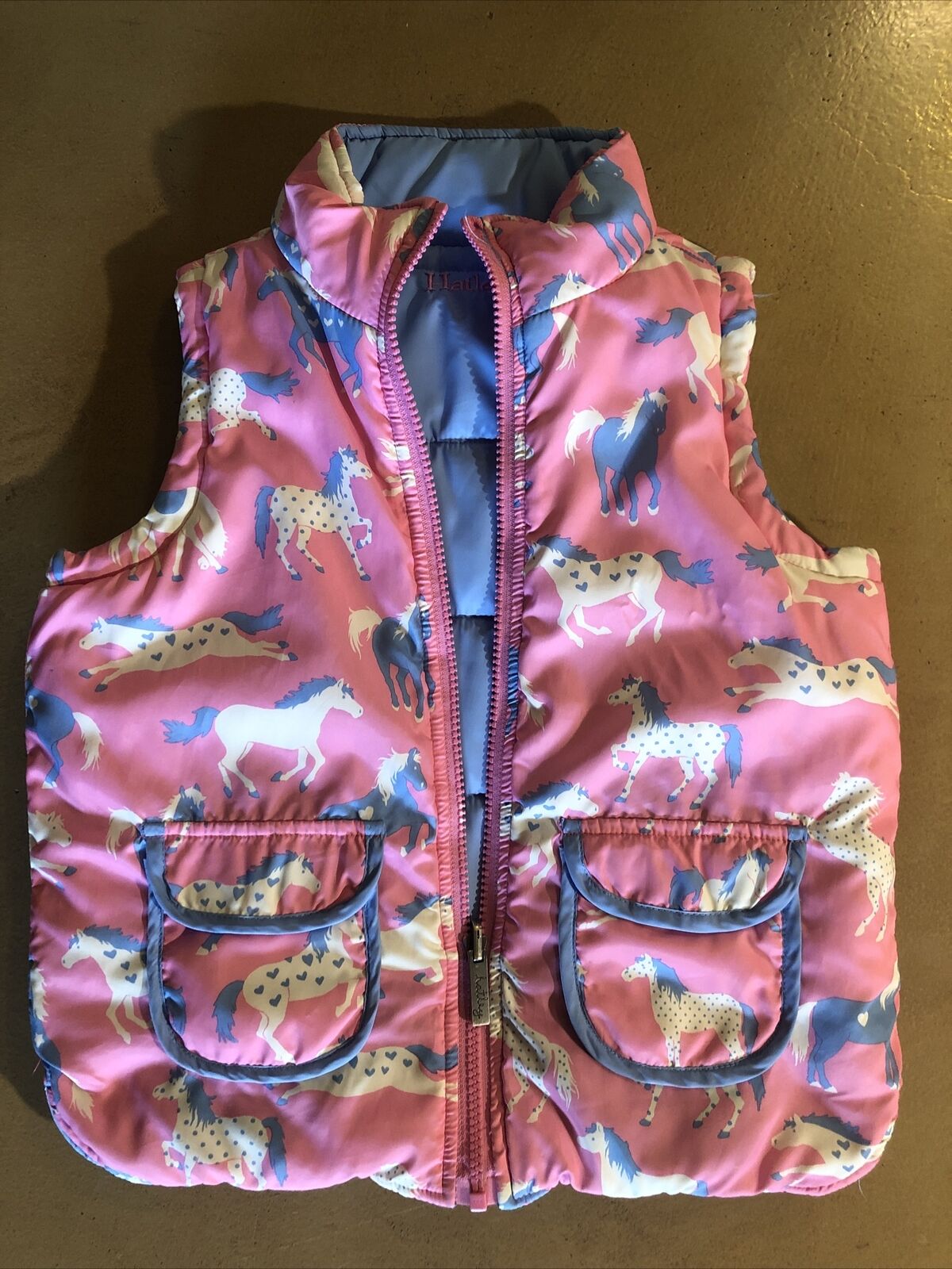 Euc Hatley Insulated Reversible Vest Sz 6 Pink/blue With Horses