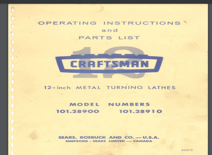 Craftsman 12" Metal Lathes Instruction Owner Manual 101.28900 & 101.28910 29 Pgs
