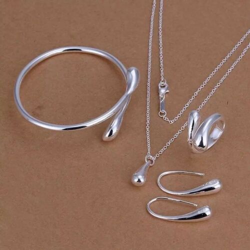 4 Piece Set 925 Silver Water Teardrop Bangle Bracelet Necklace Earrings & Ring