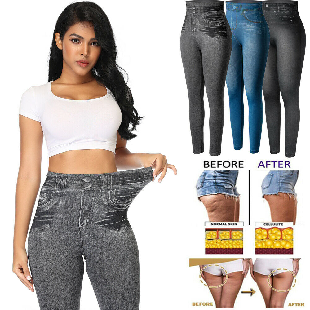 Women Faux Denim Jeans Look Pencil Pants Skinny Jeggings Push Up Leggings Shaper