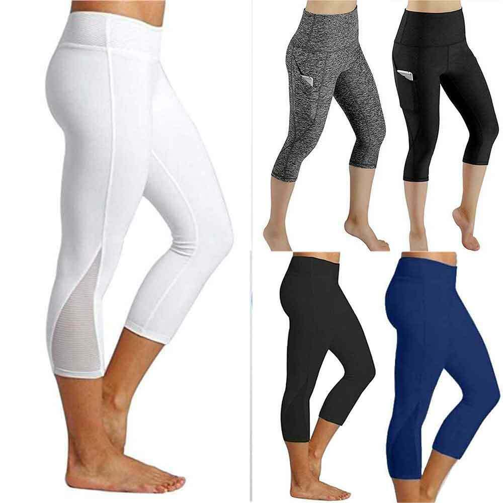 Women 3/4 Length Yoga Gym Leggings High Waist Capri Fitness Workout Pants Sport