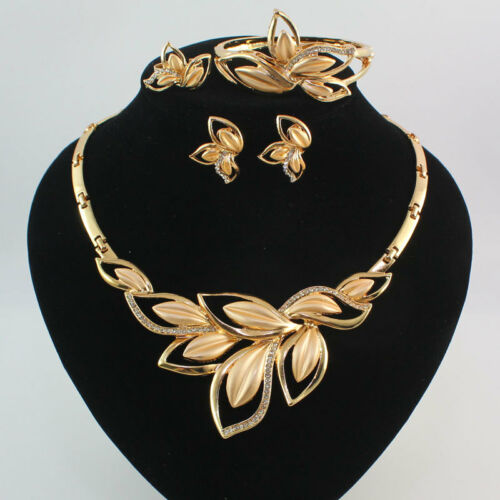 Fashion Women 18k Gold Plated Crystal Leaves Necklace Wedding Party Jewelry Set
