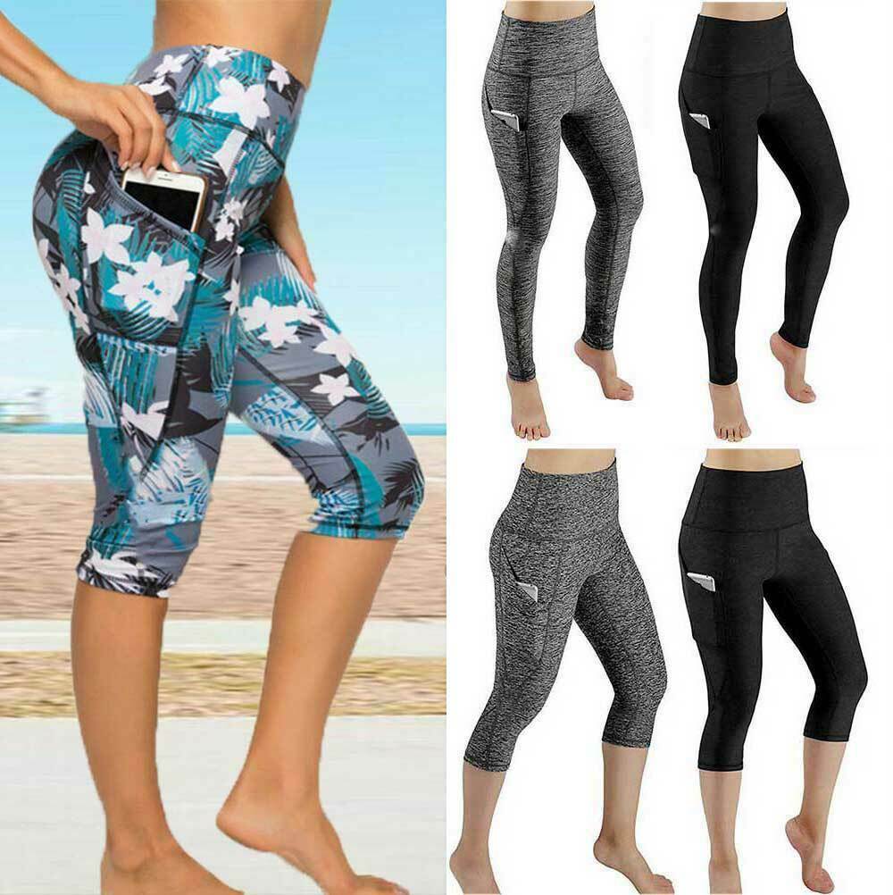 Womens Capri Yoga Pants Pocket Run Gym Sport Fitness Cropped Leggings Workout C3