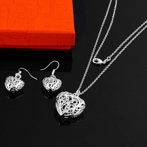 Women Lady Silver Plated Fashion Beautiful Cute Heart Necklace Earring Set S2
