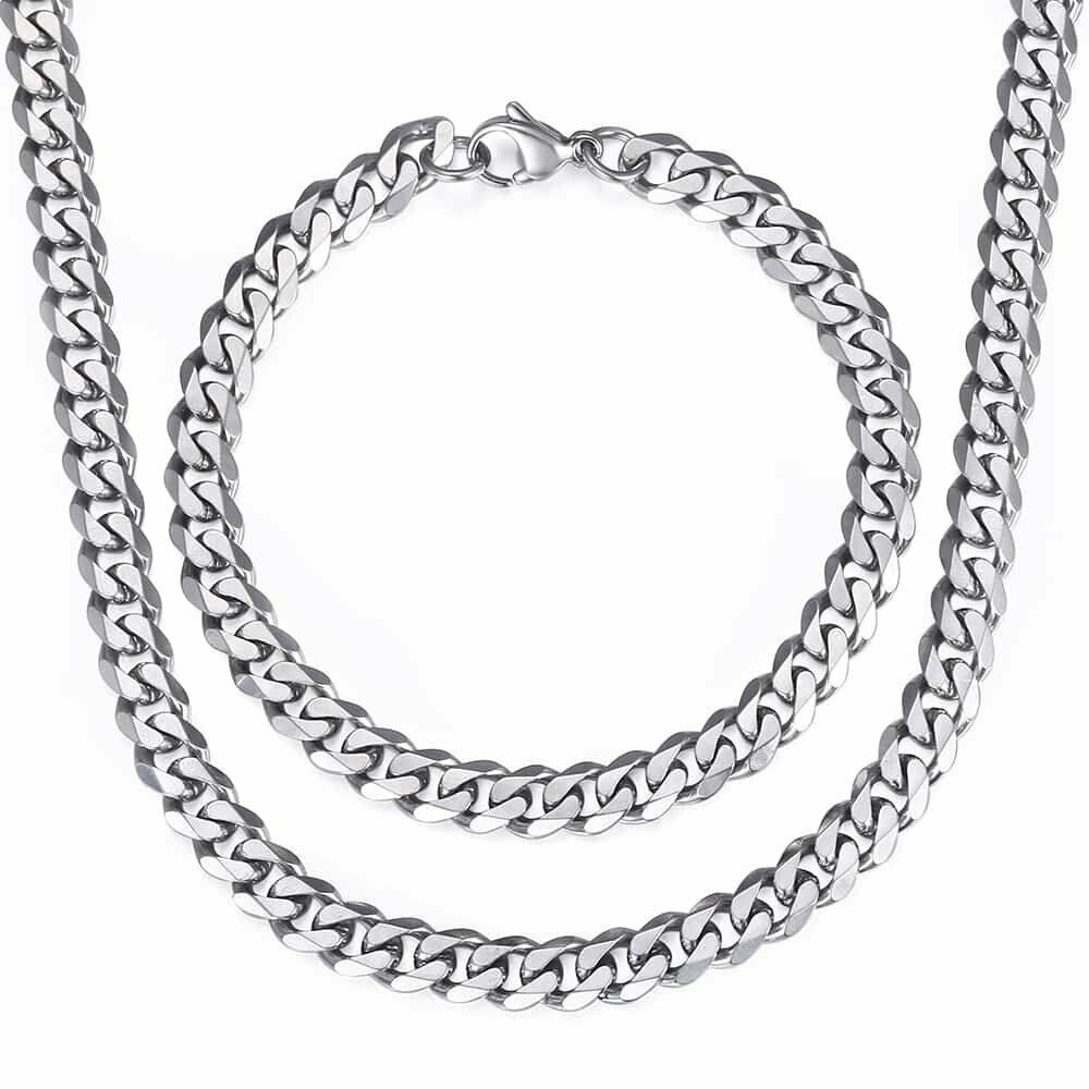 7mm Necklace Bracelet Set Curb Cuban Link Stainless Steel Chain Silver For Men