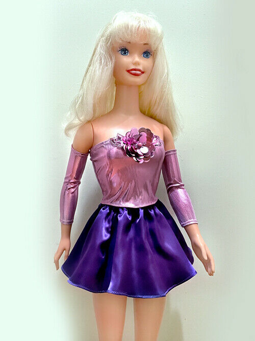 Pink Metallic Top With Rose & Purple Satin Skirt For My Size Barbie Doll. New