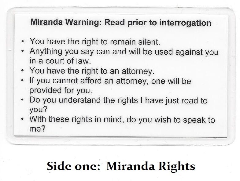 Miranda Warning (rights) & Phonetic Alphabet Card / Military / Sheriff / Police