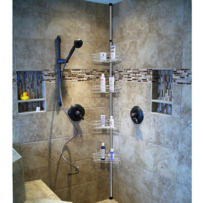 4 Tier Metal Shower Corner Pole Caddy Bathroom Wall Shelf Storage Rack Holder