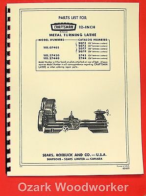 Craftsman/atlas 12" Lathe 101.07403, 101.27430, 101.27440 Parts Manual 0191