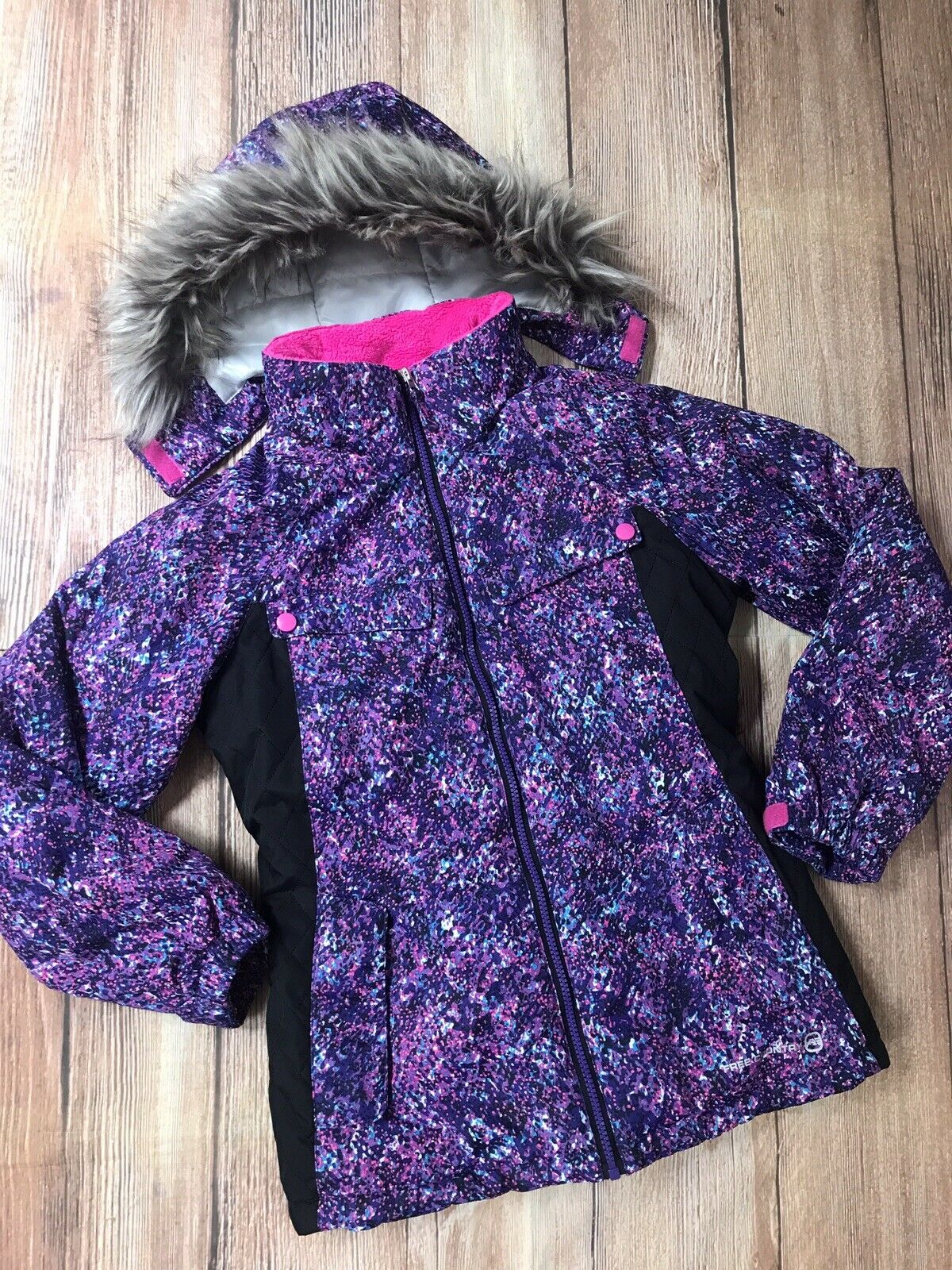 Free Country Girls Snow Ski Jacket Coat Size L 14 Fur Hooded Purple Euc