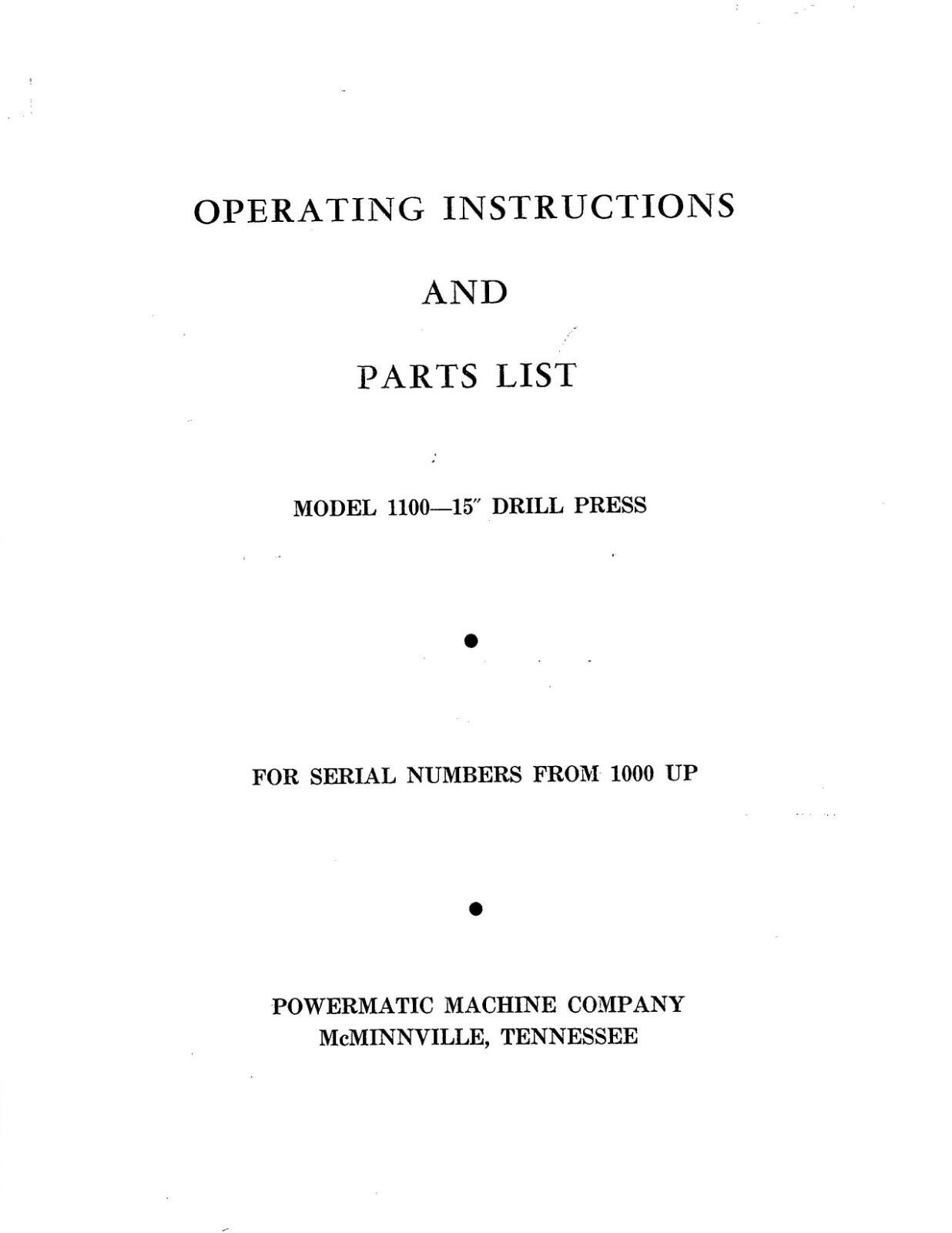 1100 Operating Instructions & Parts List Manual Powermatic Model  15in Dp Pm46