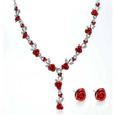 Valentines Wedding Bridal Rose Flower Crystal Necklace Earrings Jewelry Set Gift
