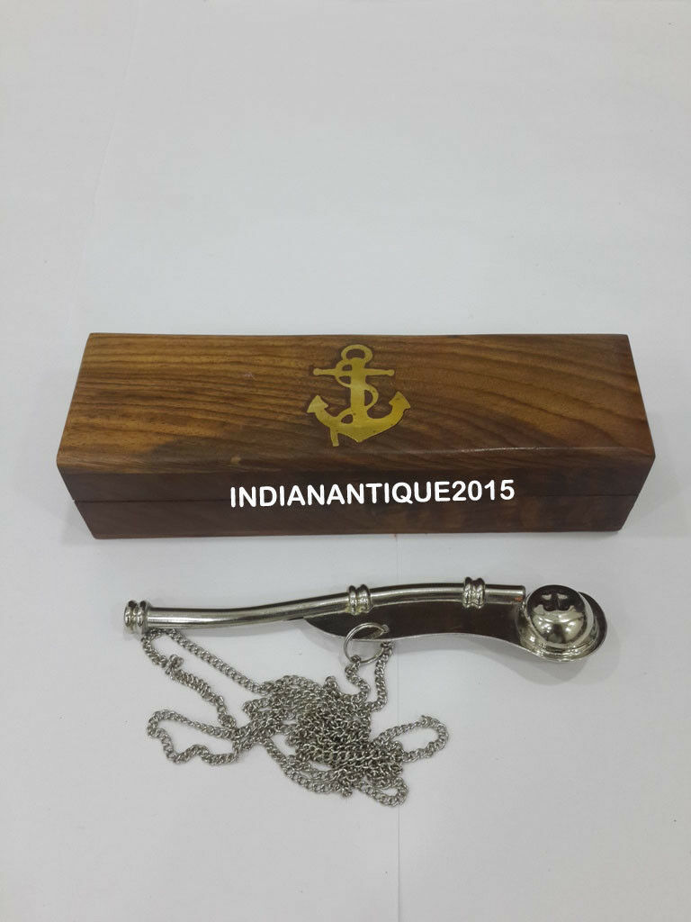Nautical 5'' Whistle Nikil Brass With Wooden Box