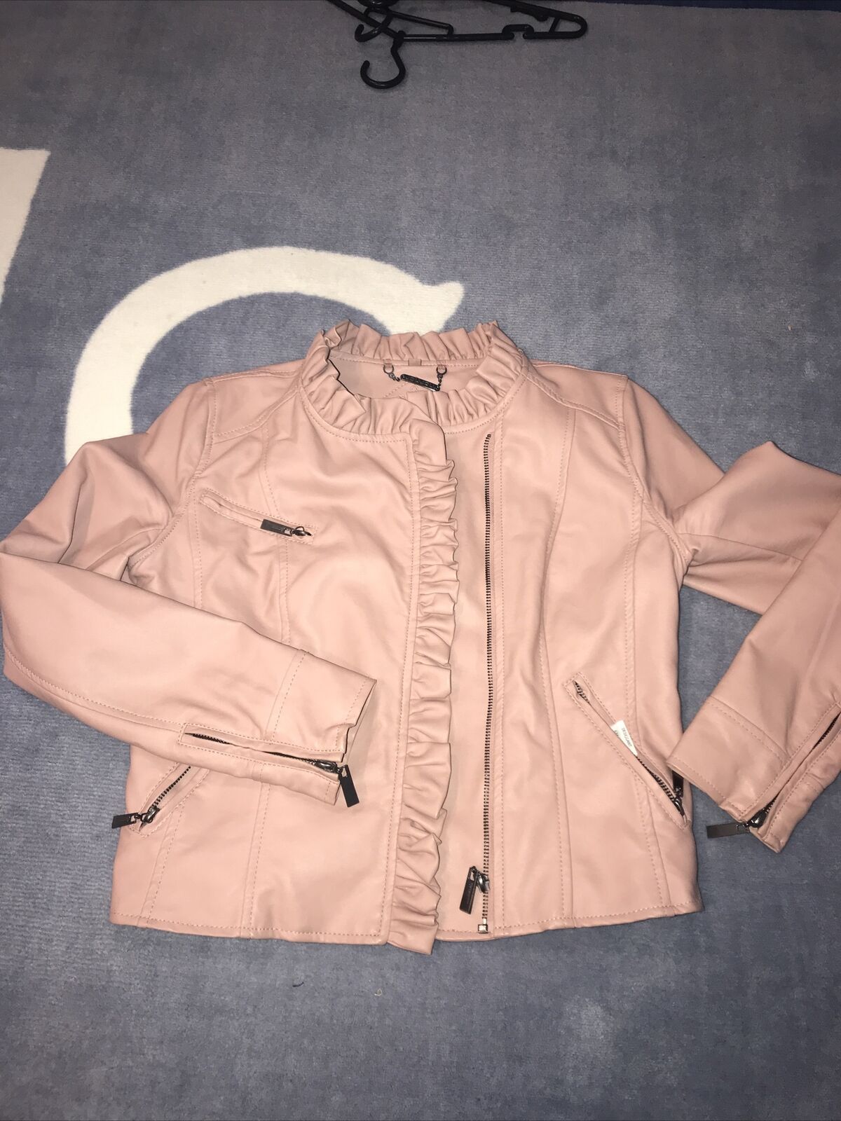 Joujou Girls Large Dusty Pink Ruffled Faux Leather Moto Jacket Nwot $59.00